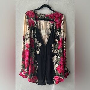 Free People Black and Pink Floral Long Sleeve Blouse